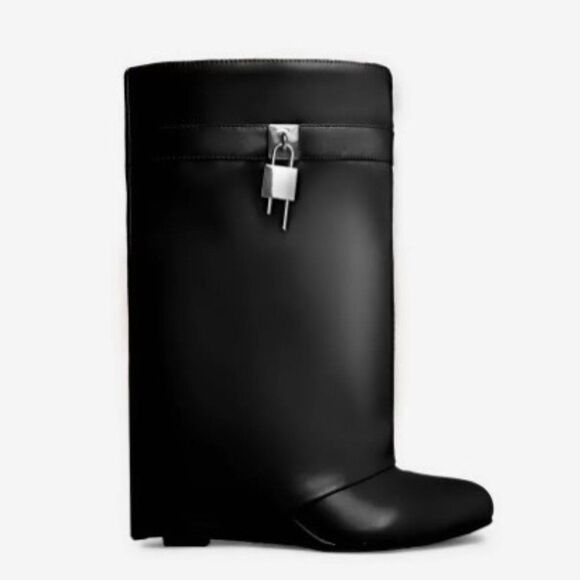 BLACK WEDGE BOOTIE WITH OVERLAP SKIRT WITH GOLD LOCKET CHARM - Picture 1 of 7